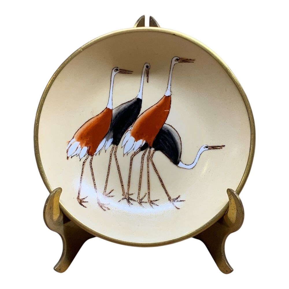 Vintage Japanese Porcelain Bowl Stork Print Trinket Dish Made in Hong Kong 6"